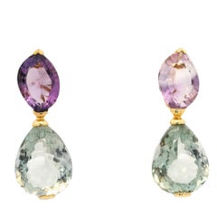 Boucles d'oreilles pendantes en or jaune 18 carats avec améthyste violette et verte de 41,95 carats