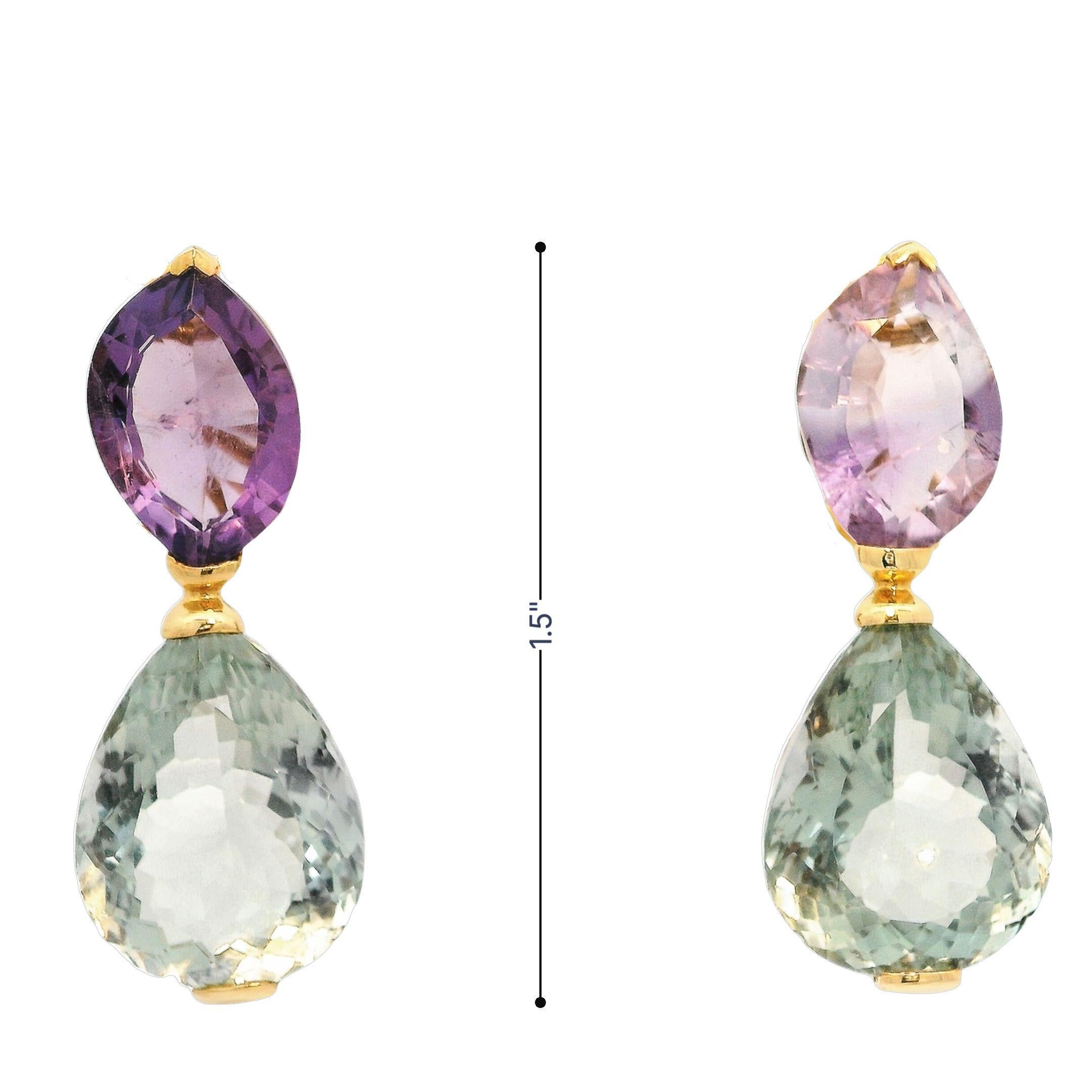 Contemporary 41.95 Carat Purple and Green Amethyst Drop Earrings in 18K Yellow Gold For Sale