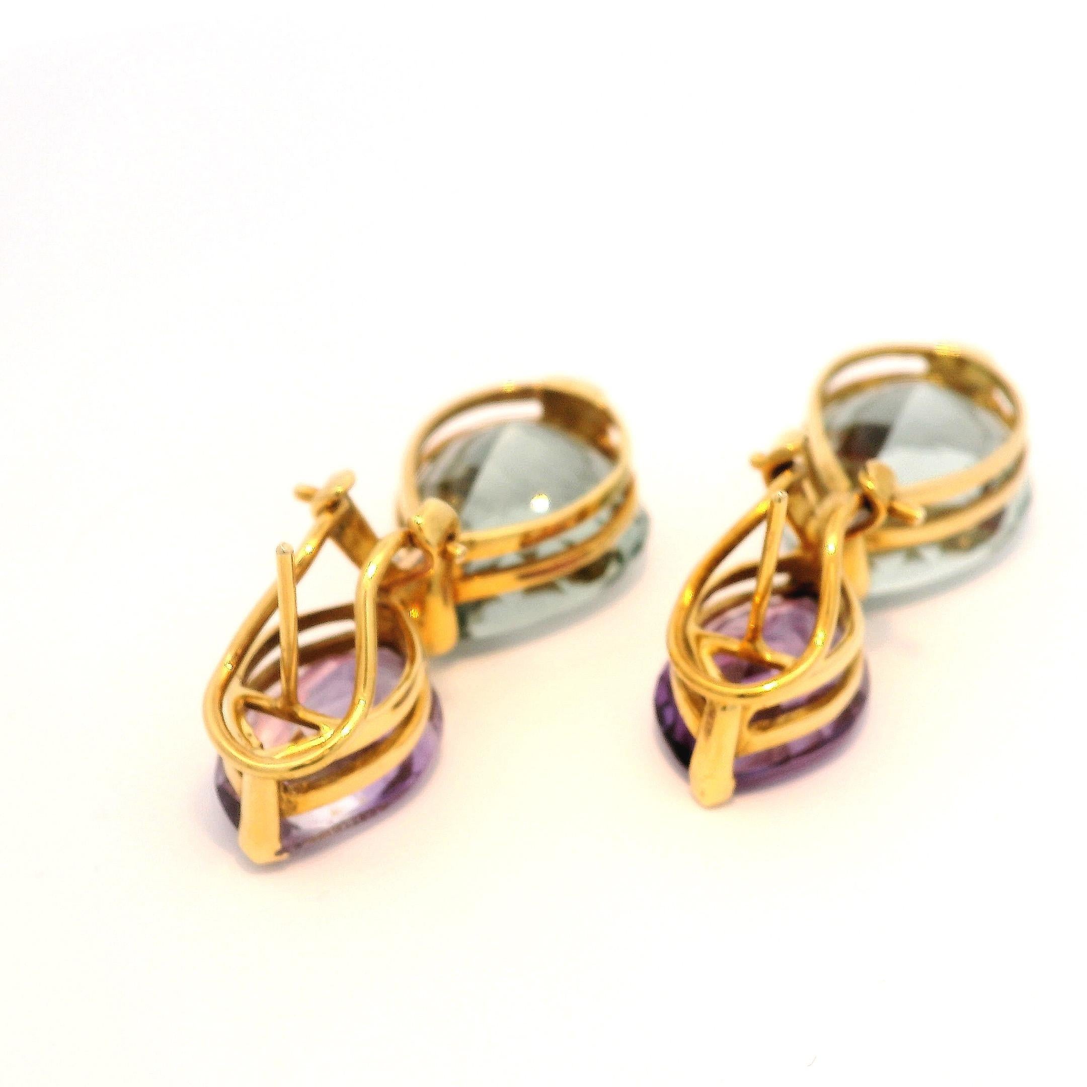 Pear Cut 41.95 Carat Purple and Green Amethyst Drop Earrings in 18K Yellow Gold For Sale