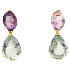 41.95 Carat Purple and Green Amethyst Drop Earrings in 18K Yellow Gold