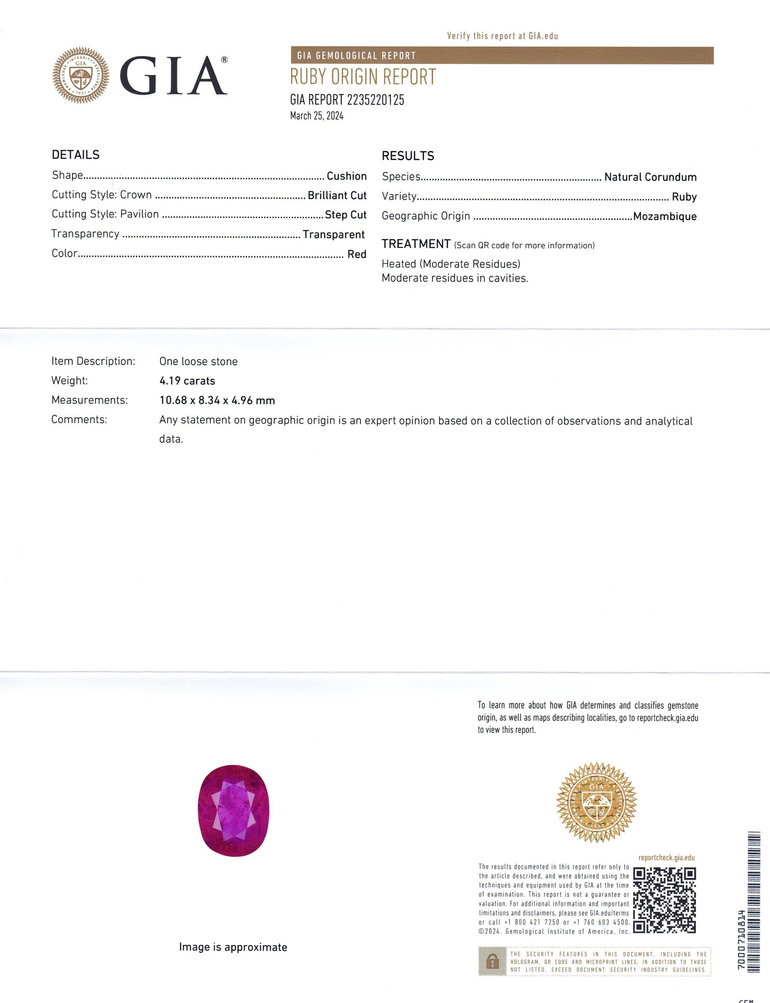 Femenino o masculino Rubí rojo vivo de 4,19 ct Certificado GIA Mozambique