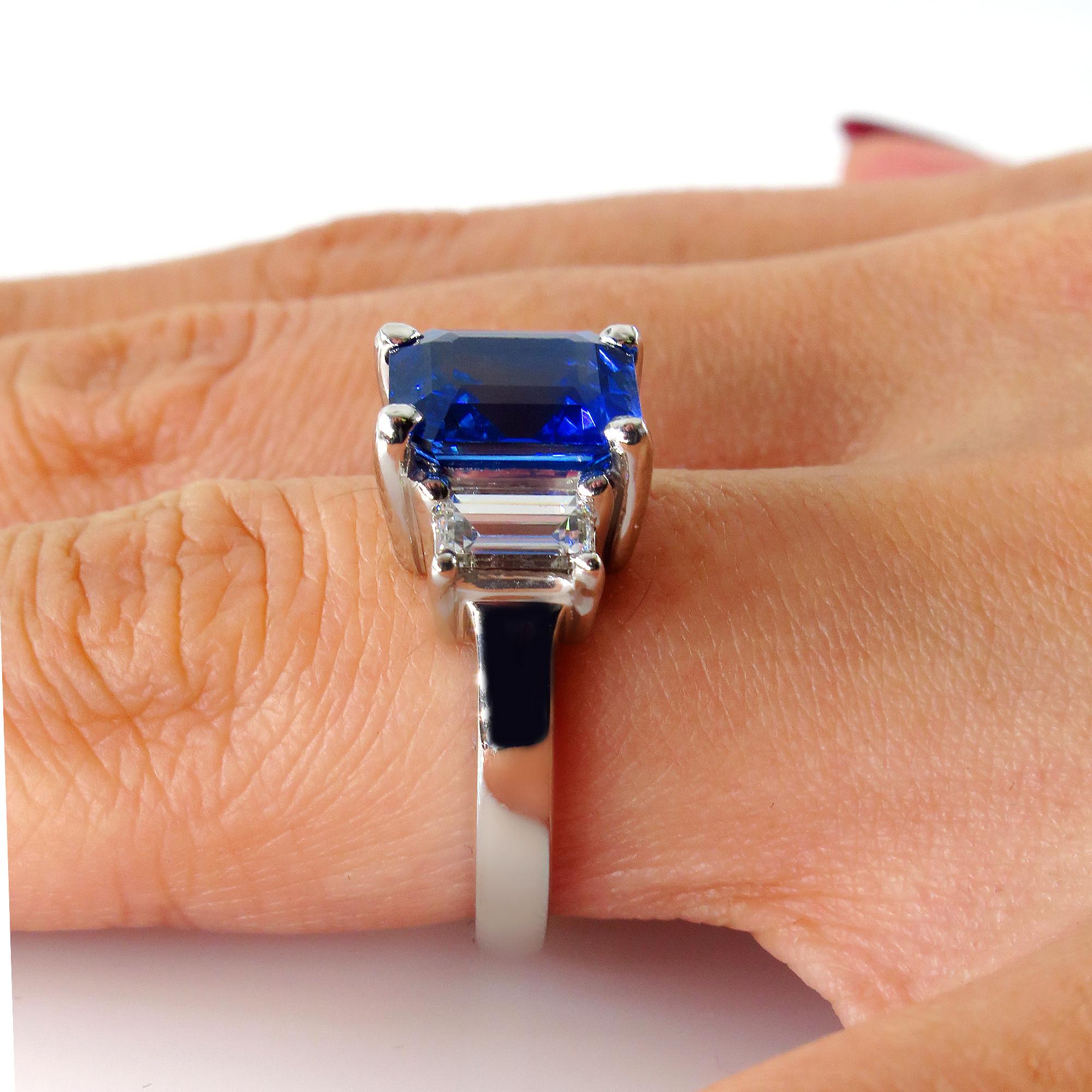 4.19ctw Ceylon GIA Natural Royal Blue Sapphire and Diamond Platinum 3-Stone Ring 6