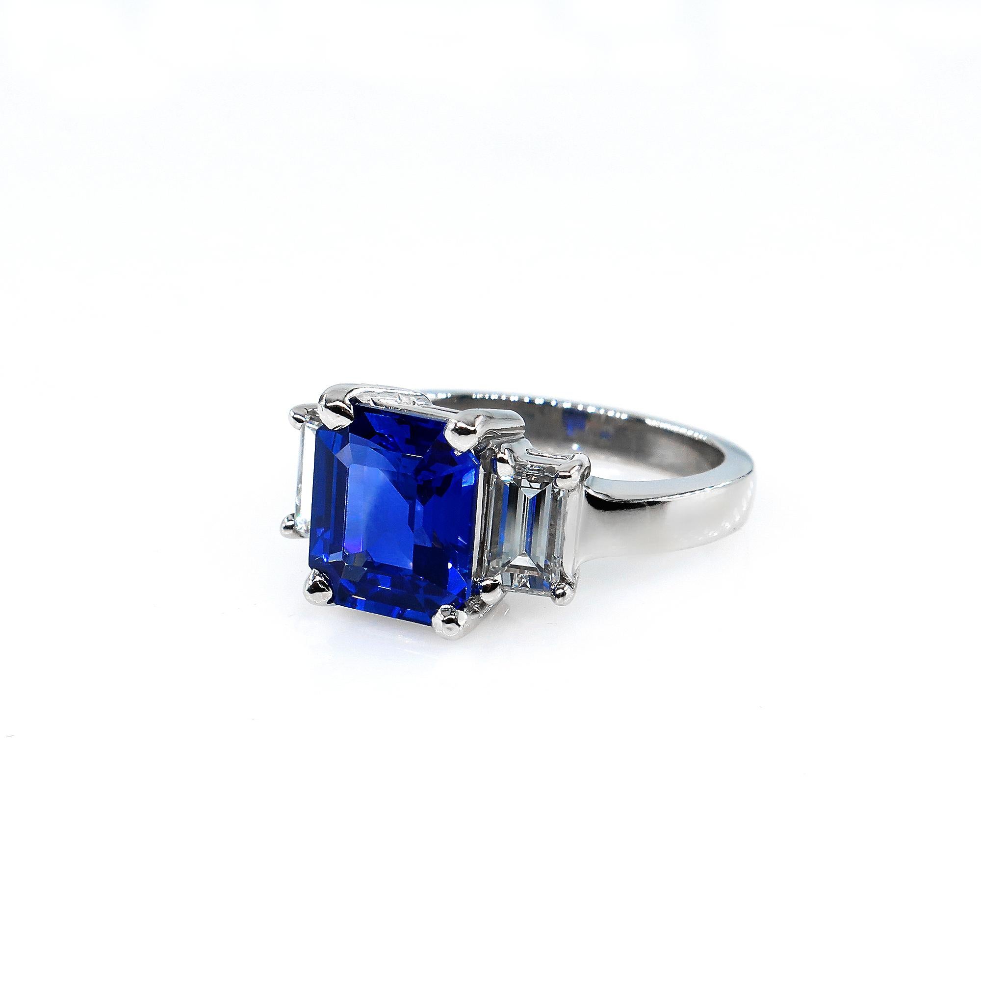Emerald Cut 4.19ctw Ceylon GIA Natural Royal Blue Sapphire and Diamond Platinum 3-Stone Ring