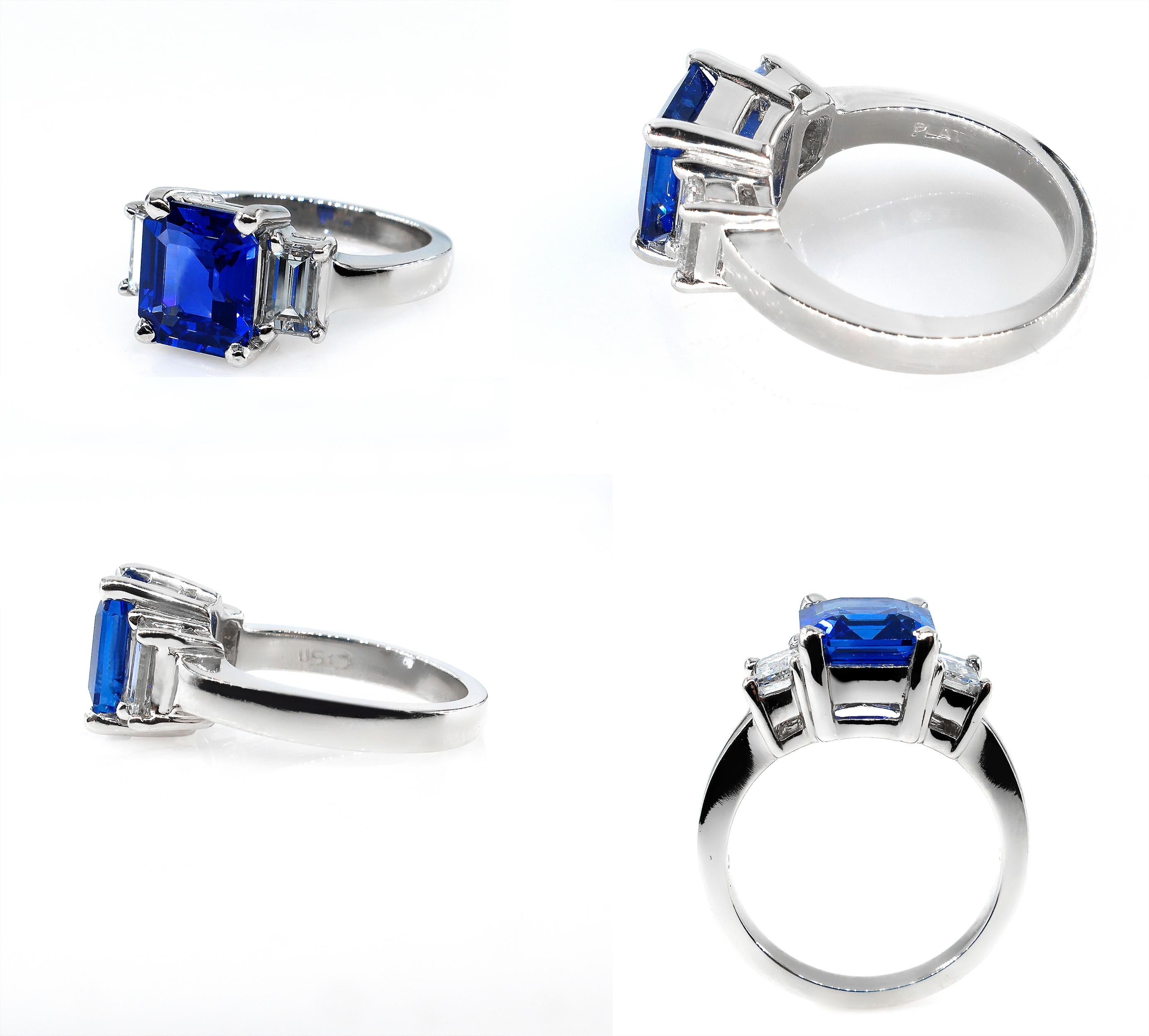 4.19ctw Ceylon GIA Natural Royal Blue Sapphire and Diamond Platinum 3-Stone Ring In Good Condition In New York, NY
