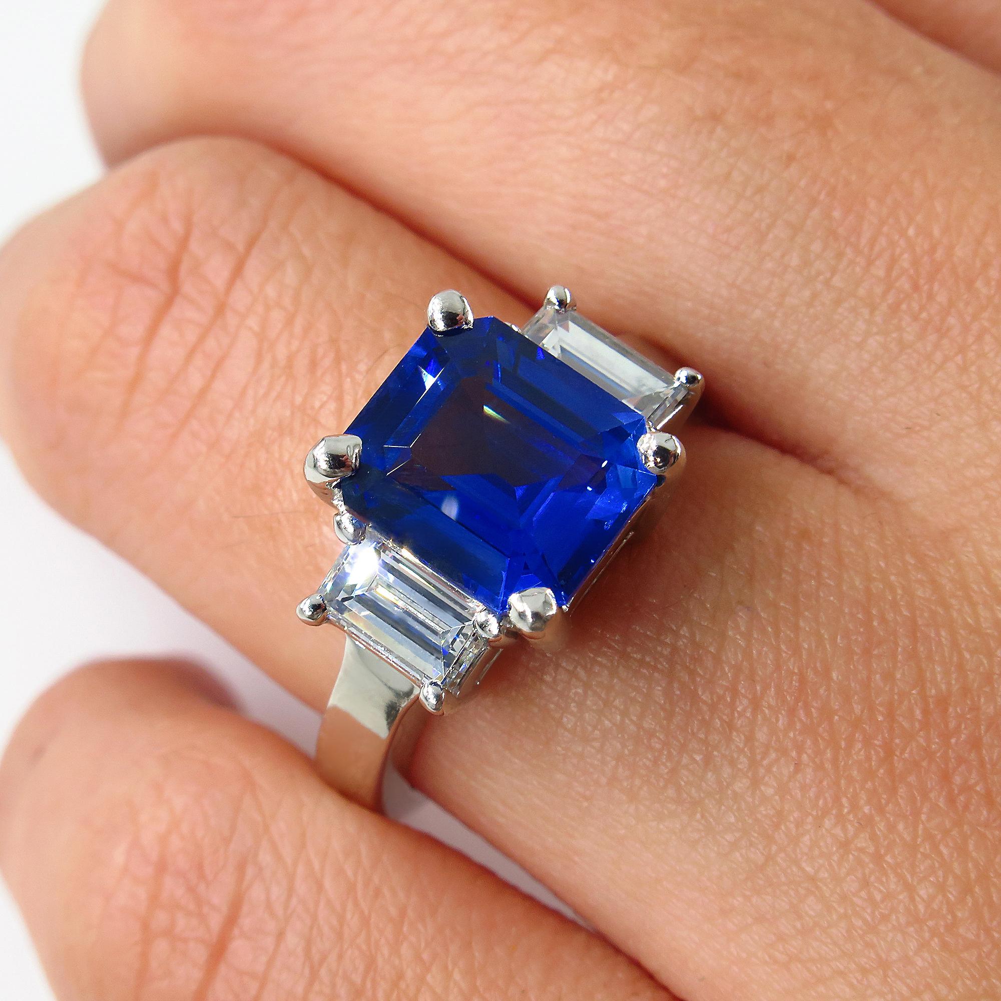 Women's 4.19ctw Ceylon GIA Natural Royal Blue Sapphire and Diamond Platinum 3-Stone Ring