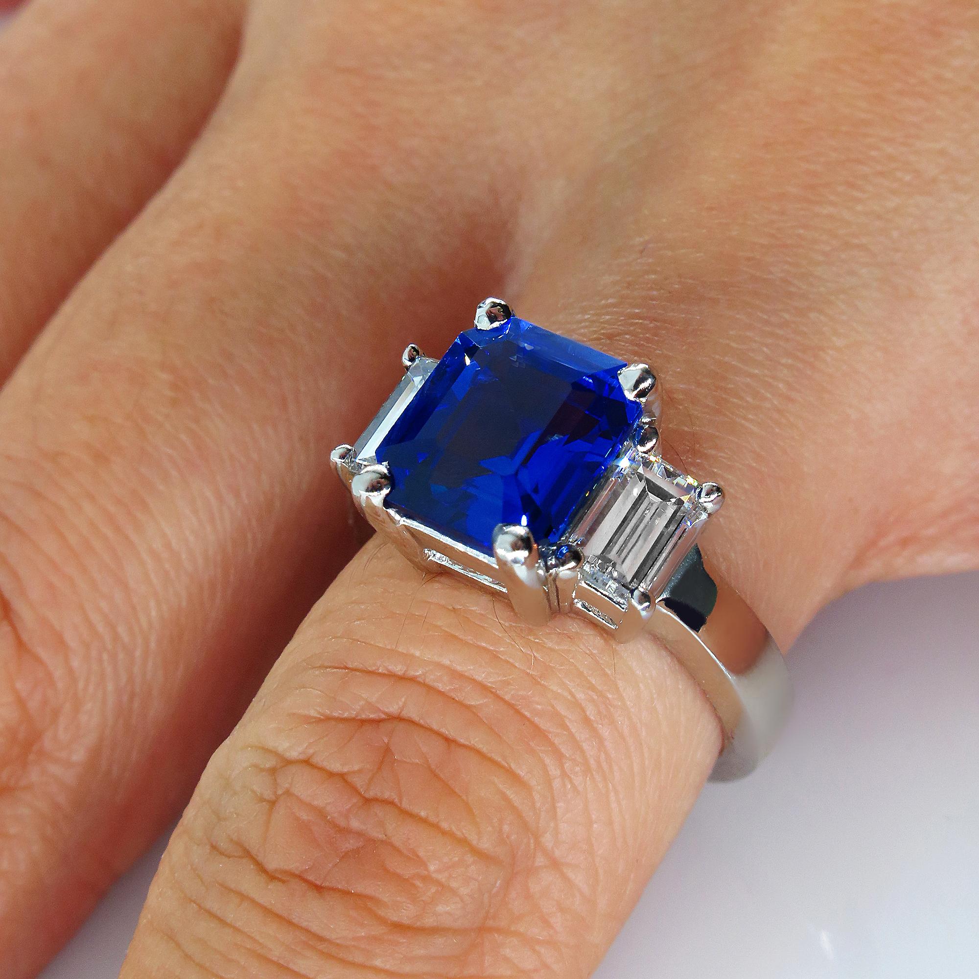 4.19ctw Ceylon GIA Natural Royal Blue Sapphire and Diamond Platinum 3-Stone Ring 1