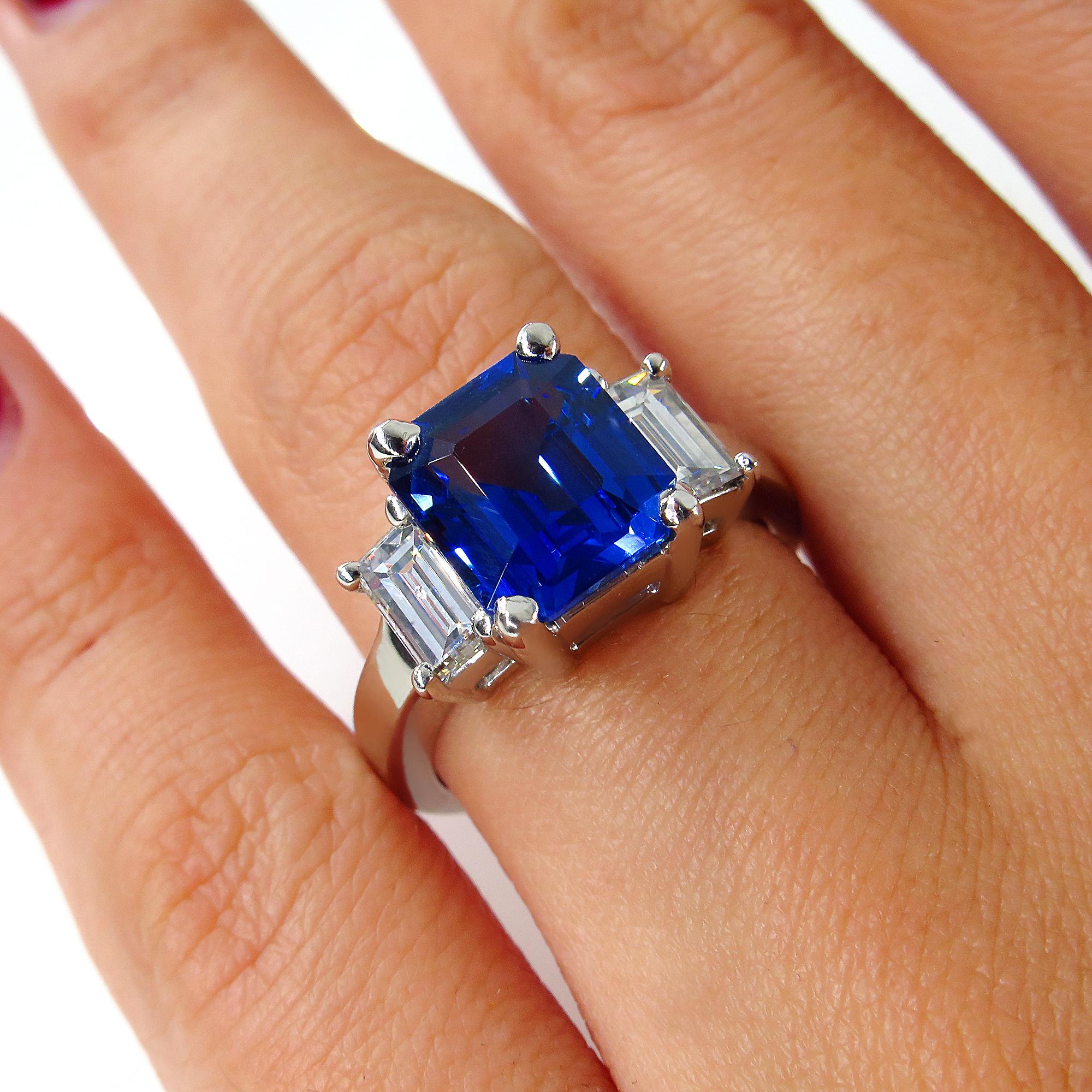 4.19ctw Ceylon GIA Natural Royal Blue Sapphire and Diamond Platinum 3-Stone Ring 2