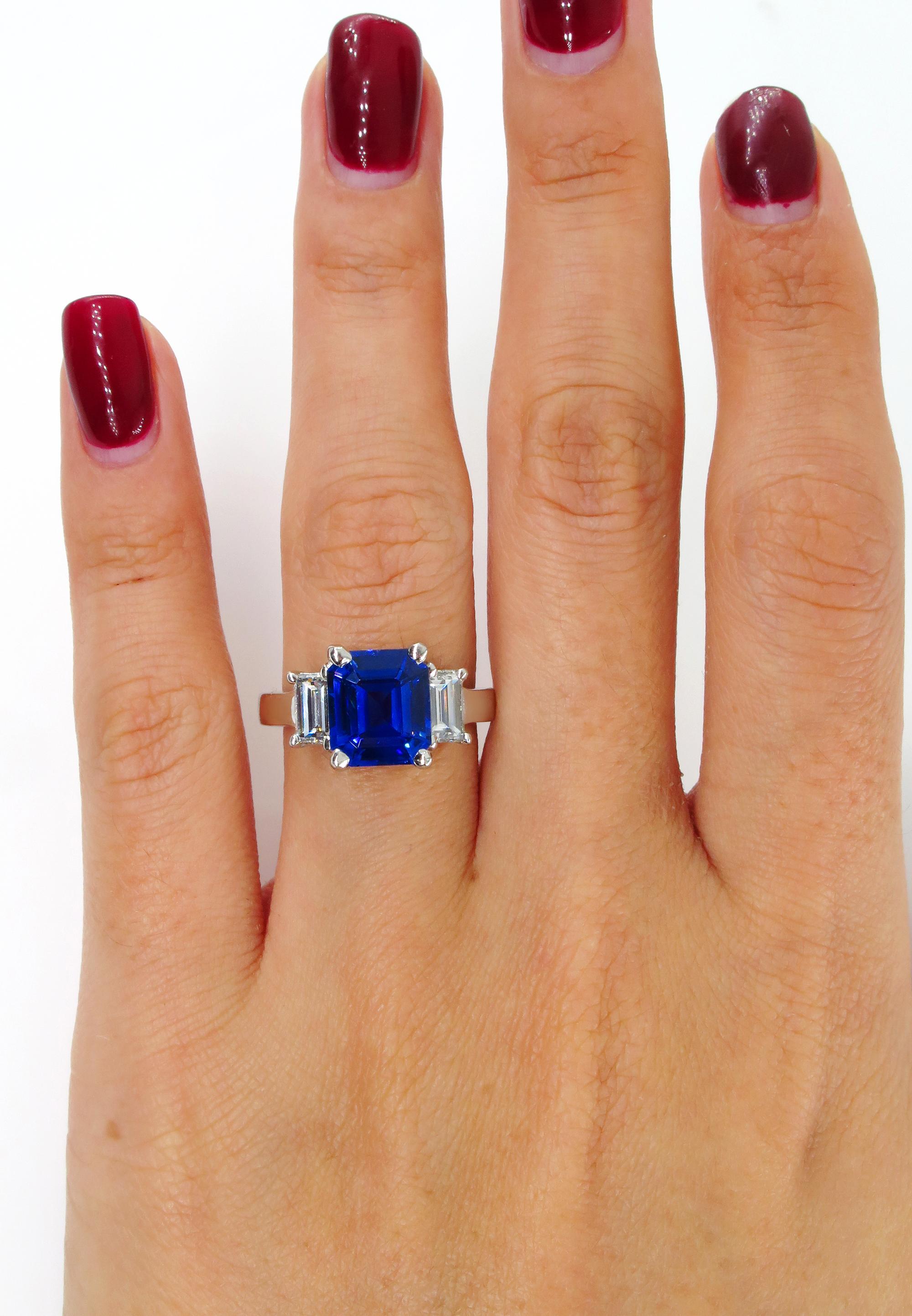 4.19ctw Ceylon GIA Natural Royal Blue Sapphire and Diamond Platinum 3-Stone Ring 3