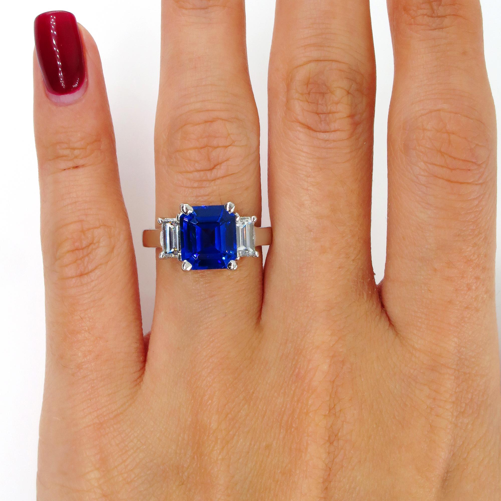 4.19ctw Ceylon GIA Natural Royal Blue Sapphire and Diamond Platinum 3-Stone Ring 4