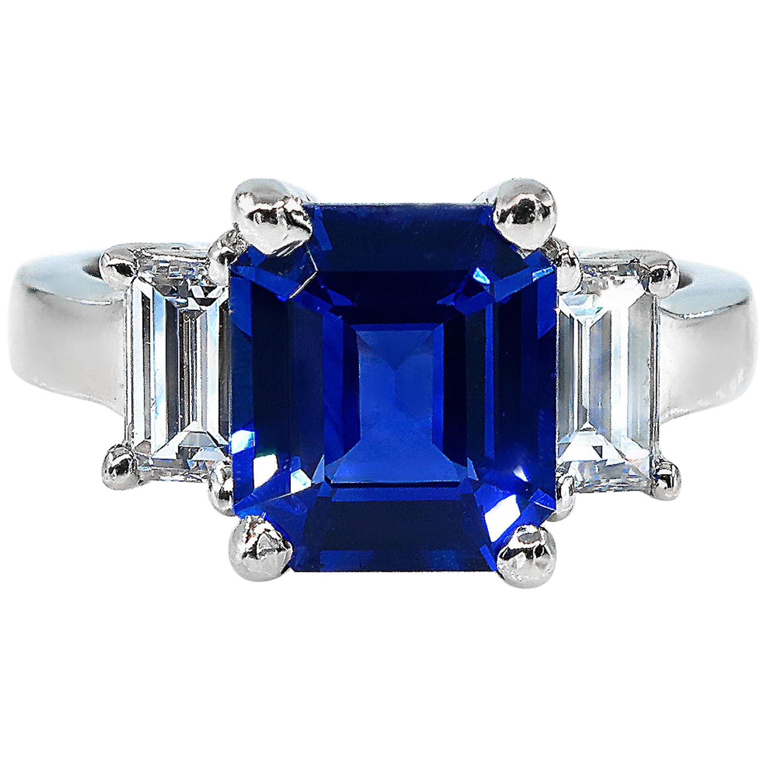 4.19ctw Ceylon GIA Natural Royal Blue Sapphire and Diamond Platinum 3-Stone Ring