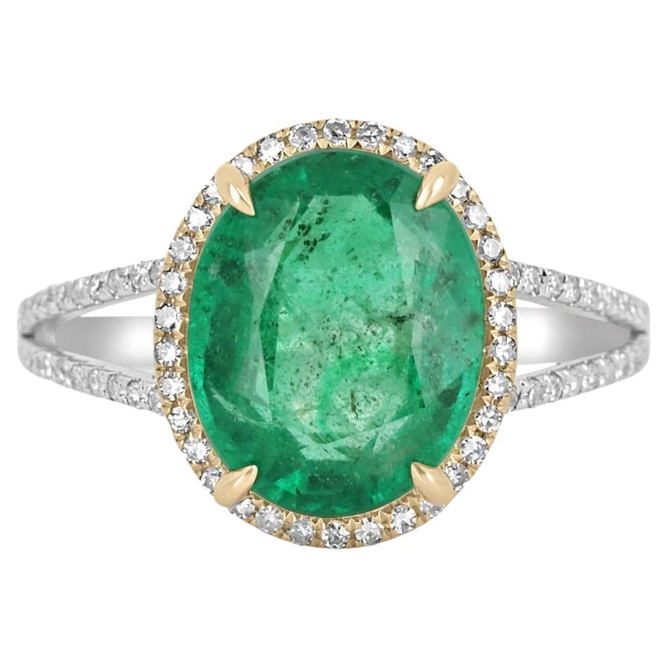 4.19tcw 14K Natural Emerald-Oval Cut & Diamond Halo Split Shank Engagement Ring