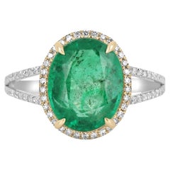 4.19tcw 14K Natural Emerald-Oval Cut & Diamond Halo Split Shank Engagement Ring