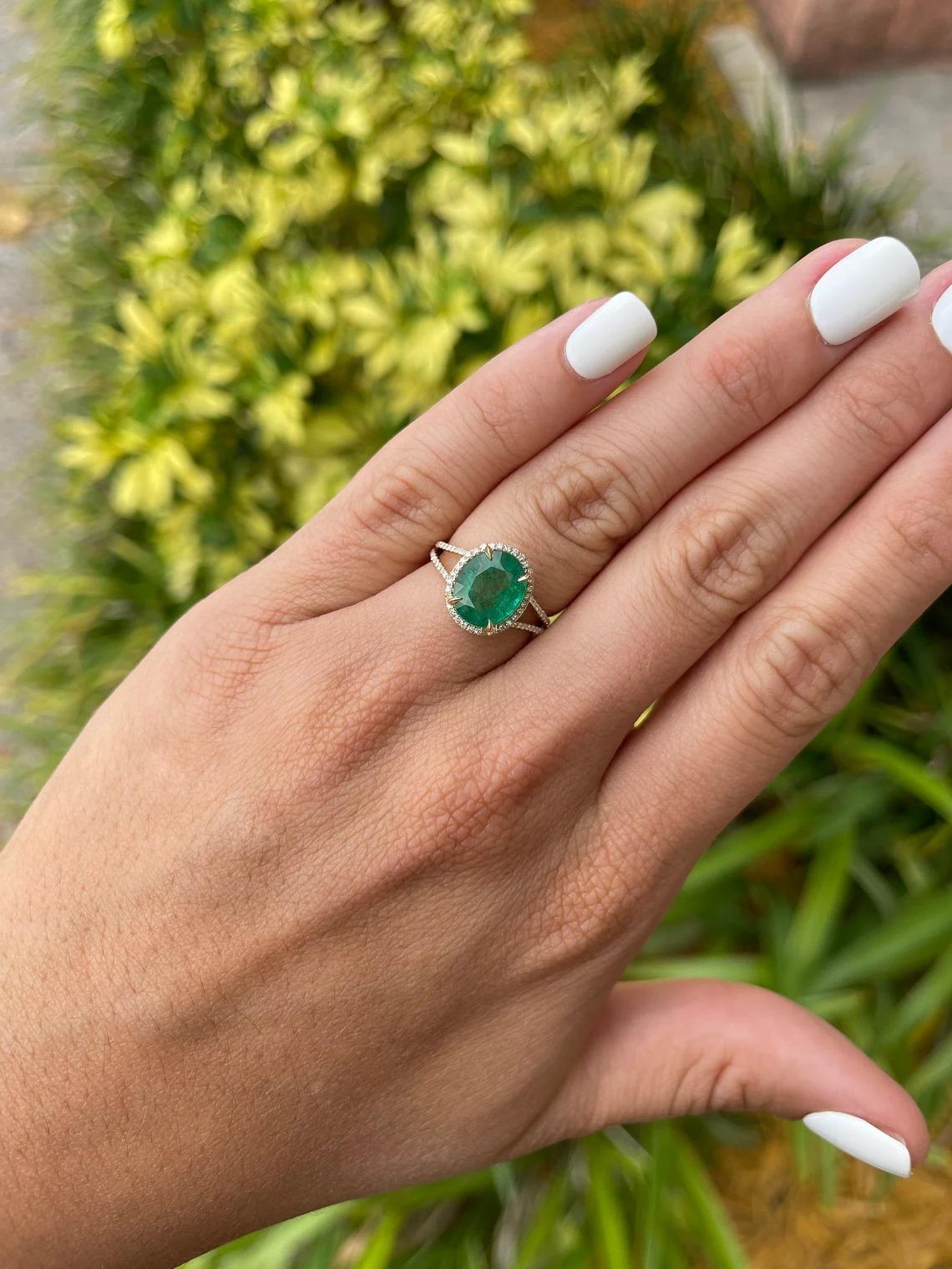Modern 4.19tcw 14K Natural Emerald Oval & Diamond Halo Split Shank Engagement Ring For Sale