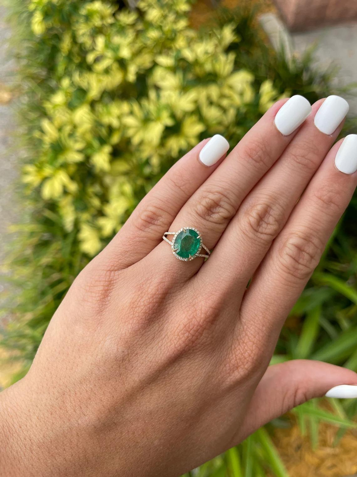 4.19tcw 14K Natural Emerald Oval & Diamond Halo Split Shank Engagement Ring In New Condition For Sale In Jupiter, FL