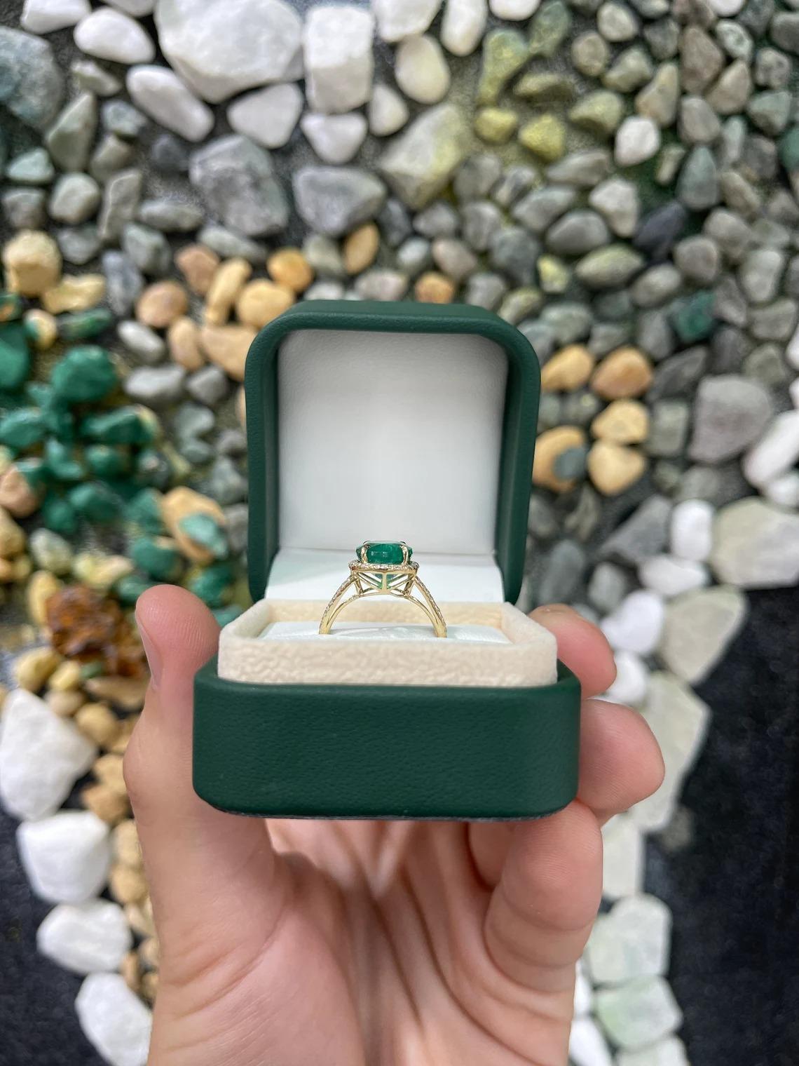 4.19tcw 14K Natural Emerald Oval & Diamond Halo Split Shank Engagement Ring For Sale 2