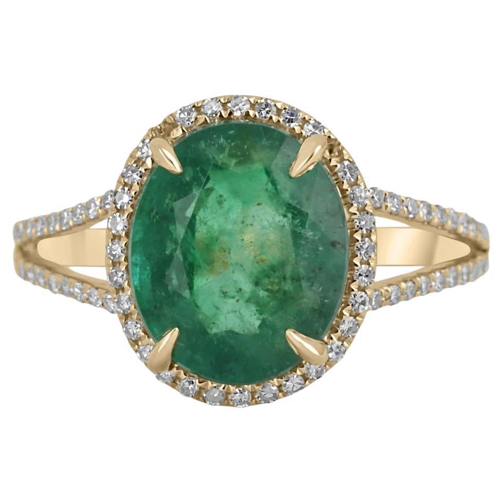 4.19tcw 14K Natural Emerald Oval & Diamond Halo Split Shank Engagement Ring For Sale