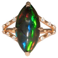 4.1Ct Black Opal Ring with Earth Mined Diamonds Accents: Solid 14K Gold, 19x9mm