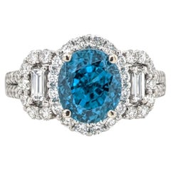 4.1ct Blue Zircon Ring w Earth Mined Diamonds in Solid 14K White Gold Oval 8x6mm
