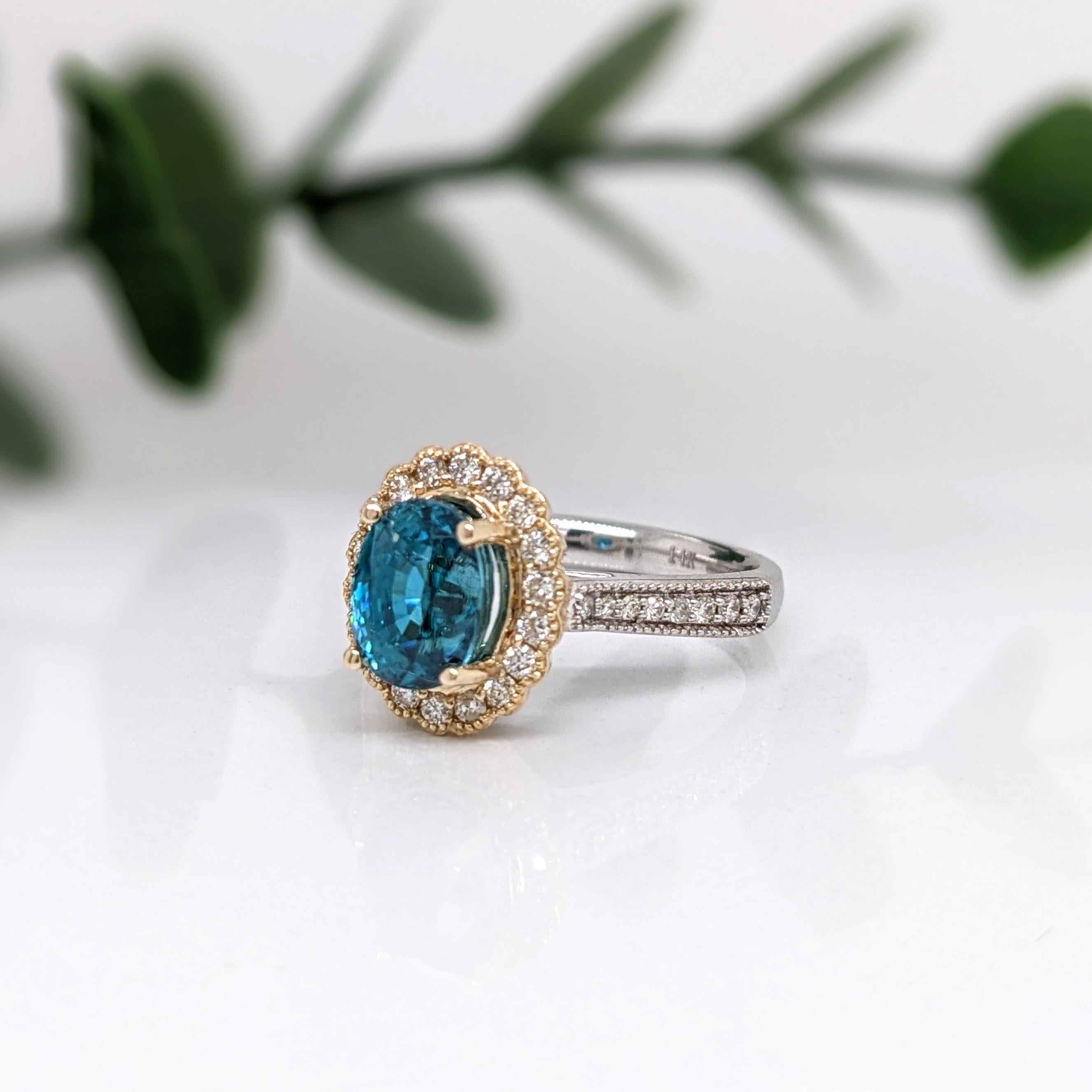 Modern 4.1ct Blue Zircon Ring w Natural Diamonds in Solid 14k Dual Tone Gold Oval 9x7mm For Sale