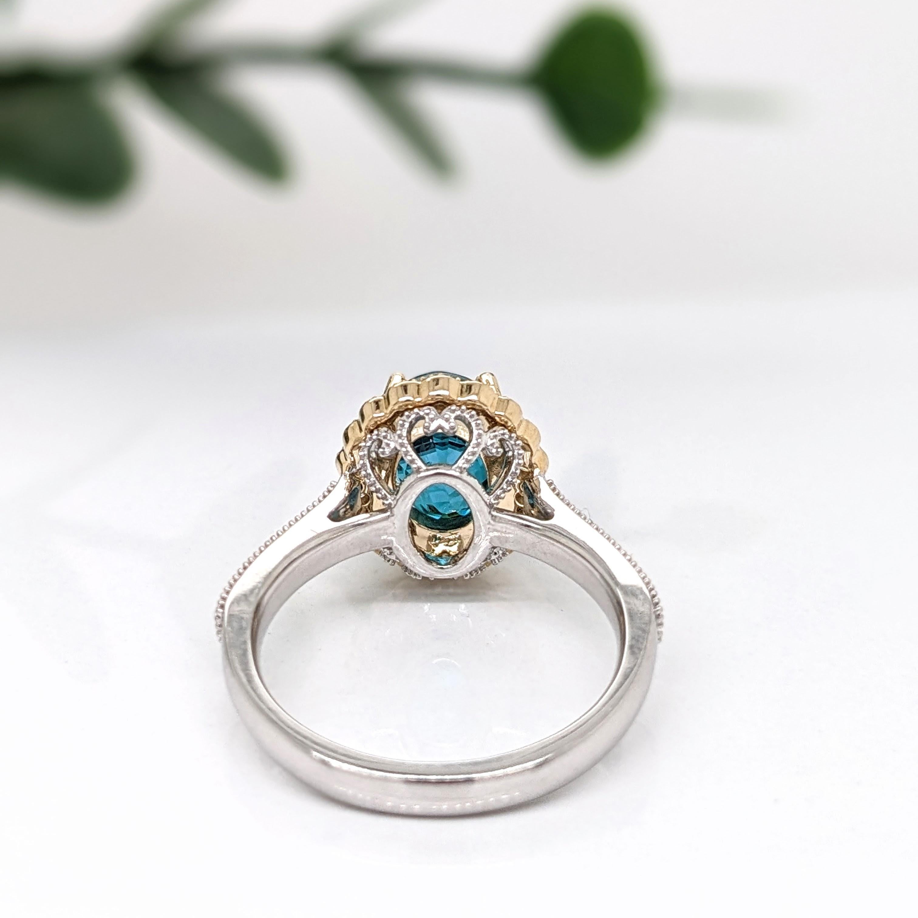 Oval Cut 4.1ct Blue Zircon Ring w Natural Diamonds in Solid 14k Dual Tone Gold Oval 9x7mm For Sale