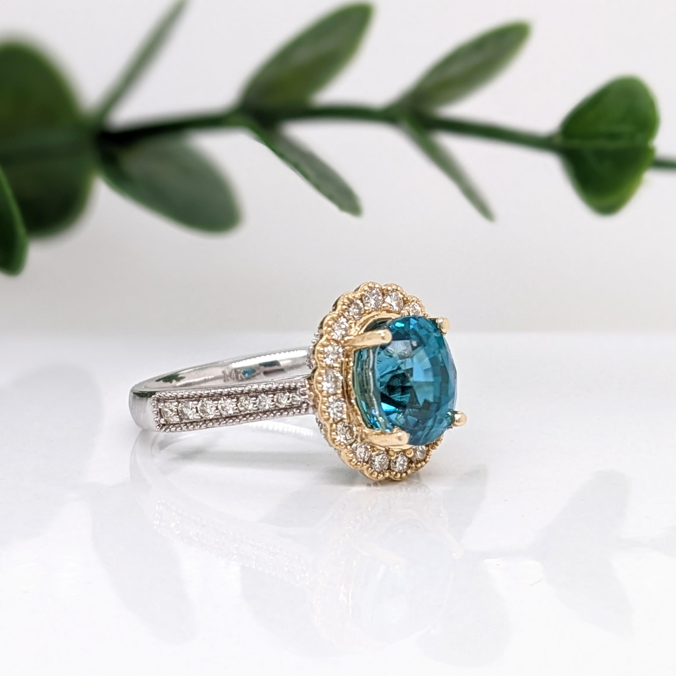 Women's 4.1ct Blue Zircon Ring w Natural Diamonds in Solid 14k Dual Tone Gold Oval 9x7mm For Sale