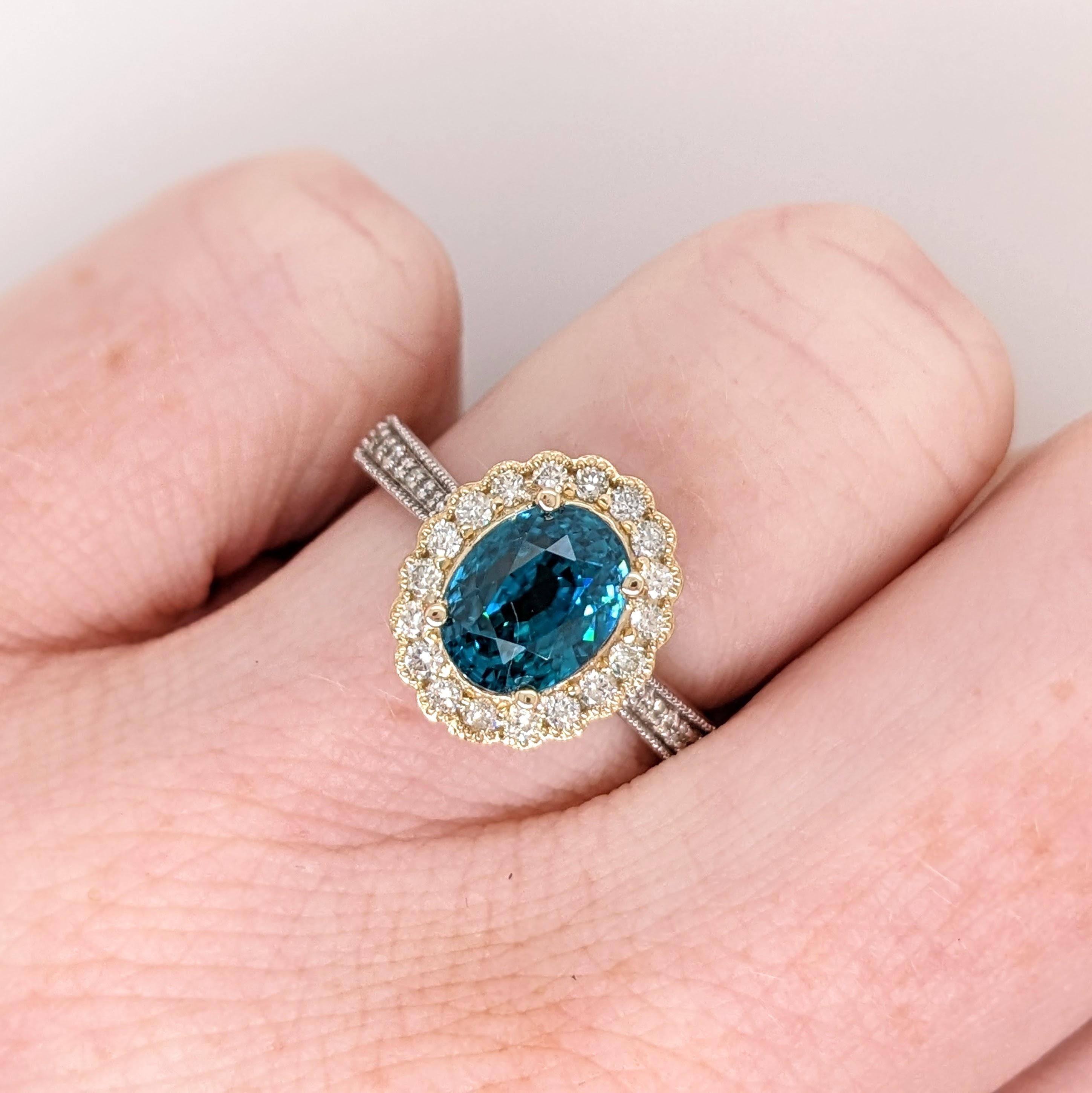 4.1ct Blue Zircon Ring w Earth Mined Diamonds in Solid 14k Dual Tone Gold OV 9x7 For Sale 1