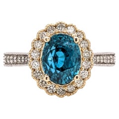 4.1ct Blue Zircon Ring w Natural Diamonds in Solid 14k Dual Tone Gold Oval 9x7mm