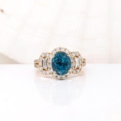 4.1ct Blue Zircon Ring w Natural Diamonds in Solid 14k Yellow Gold Oval 8x6mm