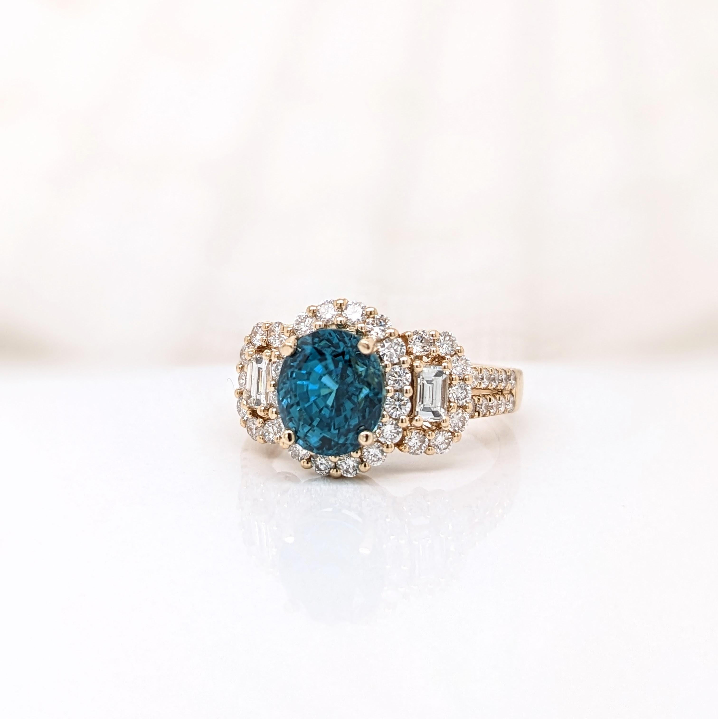 Modern 4.1ct Blue Zircon Ring w Natural Diamonds in Solid 14k Yellow Gold Oval 8x6mm