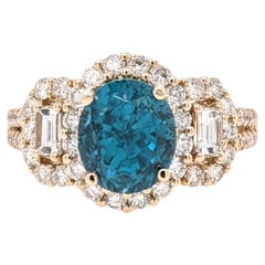 4.1ct Blue Zircon Ring w Natural Diamonds in Solid 14k Yellow Gold Oval 8x6mm