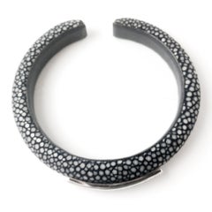 .41 Carat Diamond Pave in 14 Karat Gold and Dark Grey Stingray Leather Bangle