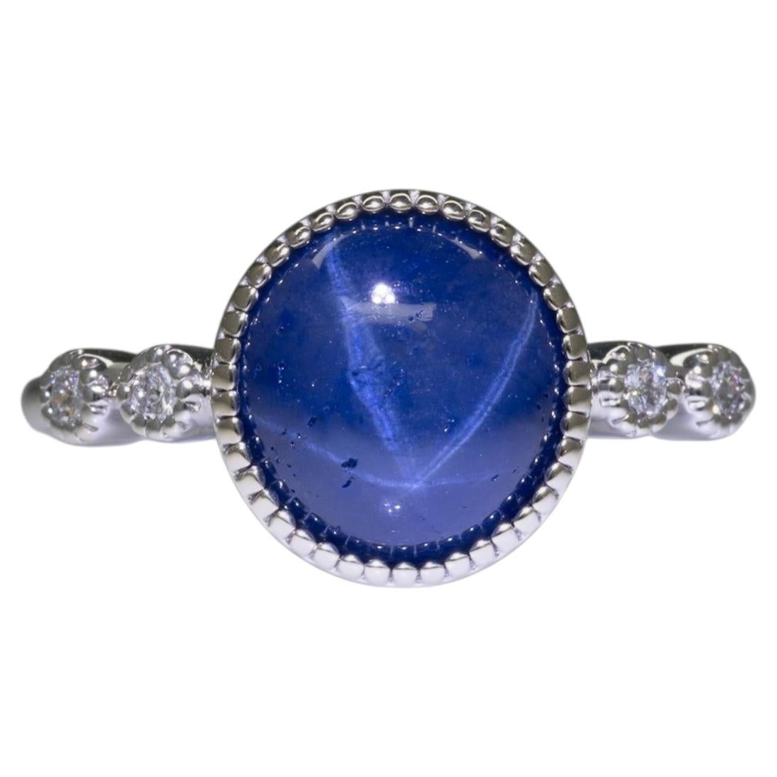 4.1Ct Star Sapphire Ring mit natürlichen Diamant-Akzenten: Massiv 14K Gold, Rund 9mm