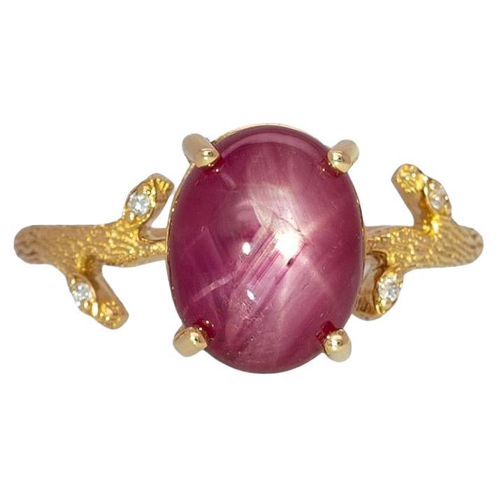 4.1cts Star Ruby Ring with Natural Diamonds Accents: Solid 14k Gold, Oval 10x8mm