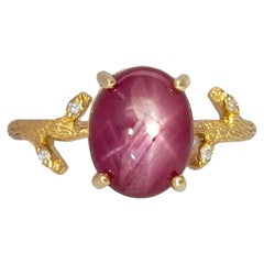 4.1cts Star Ruby Ring with Natural Diamonds Accents: Solid 14k Gold, Oval 10x8mm