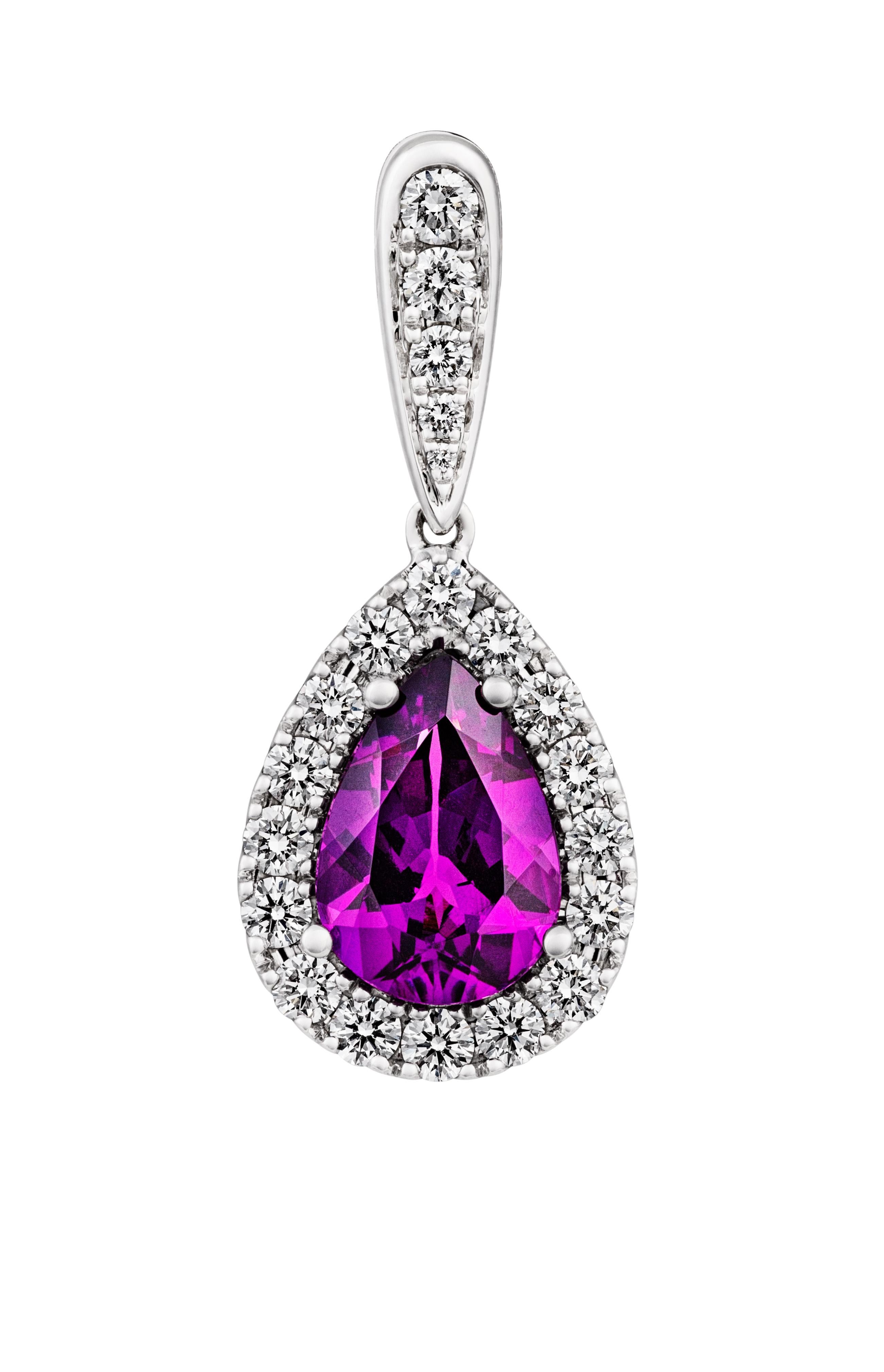 Contemporary 4.1cttw Pear-Shaped Amethyst 1.19cttw Diamond 18kt White Gold Drop Earrings For Sale