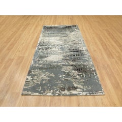 4'1"x10' Gray Abstract Design Wool-Silk Hi-Low Pile Hand Knotted Oriental Rug