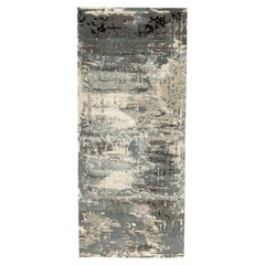 4'1"x10' Gray Abstract Design Wool-Silk Hi-Low Pile Hand Knotted Oriental Rug