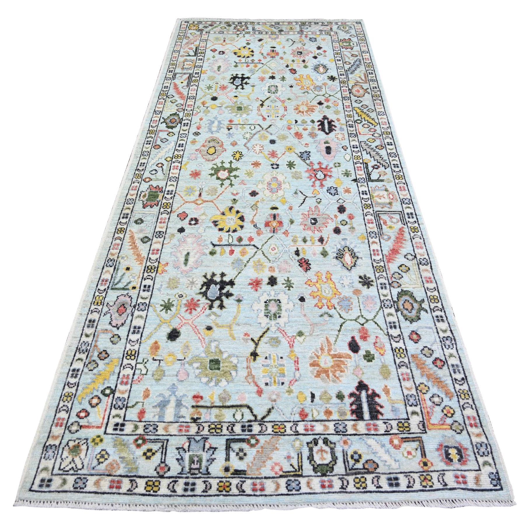 4'1 "x10' Bleu ciel Afghan Angora Oushak Wool Tapis oriental noué à la main en vente