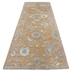 4'1"x10'1" Golden Brown Hand Knotted 100% Wool Afghan Angora Oushak Runner Rug