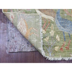 4'1"x10'1" Green Peshawar Birds of Paradise Design Hand Knotted Wool Runner Rug