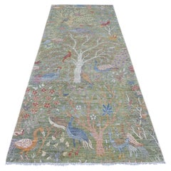 4'1"x10'1" Green Peshawar Birds of Paradise Design Hand Knotted Wool Runner Rug