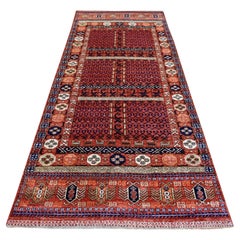 4
1 "x10
2" Tapis de course Afghan Ersari en laine douce nouée à la main, rouge profond
