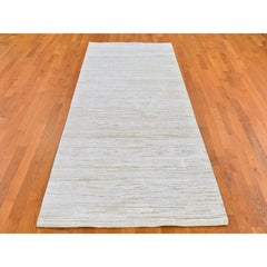 4'1"x10'2" Ivory Silk with Textured Wool Tone on Tone Striae Design Handmade Rug