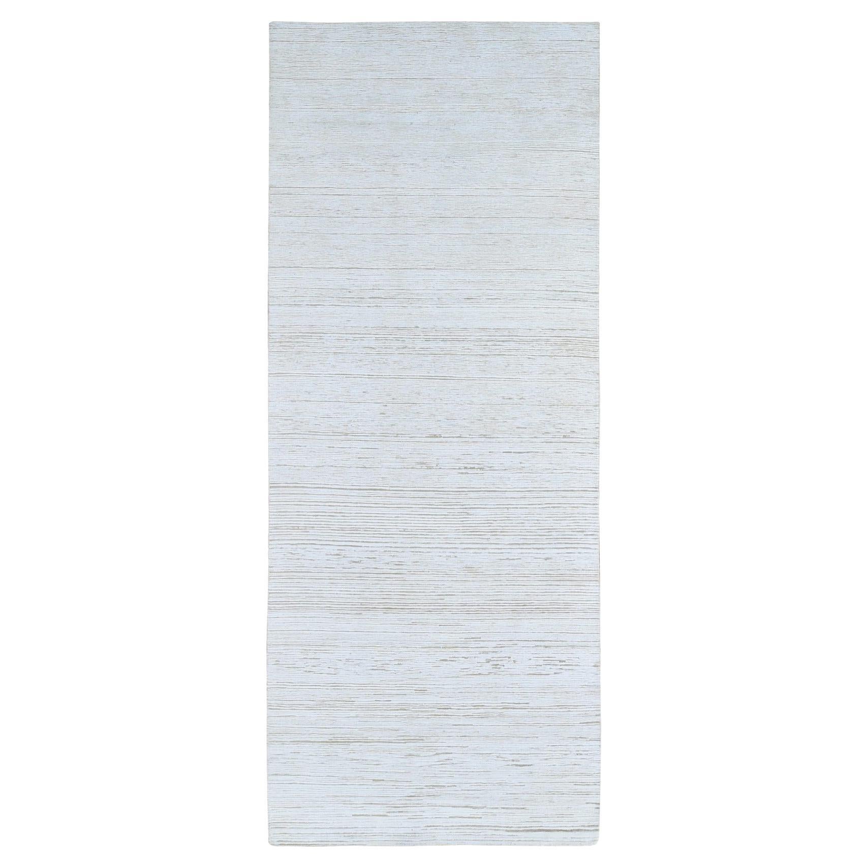 4'1 "x10'2" Seda Marfil con Lana Texturizada Tono sobre Tono Diseño Striae Alfombra Hecha a Mano