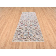 4'1"x10'3" Ivory Tabriz Silk With Textured Wool Hand Knotted Wide Runner Rug