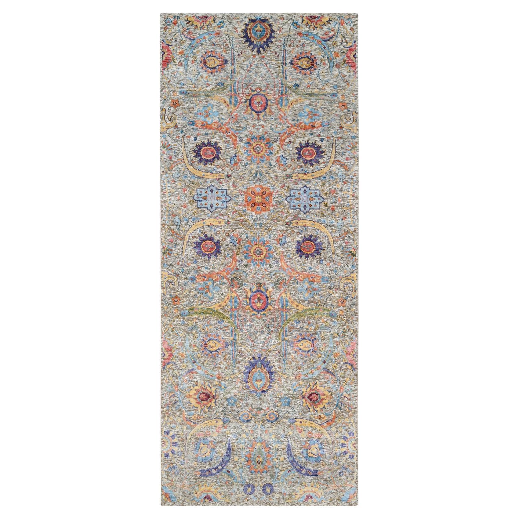 4'1"x10'3" Breiter Seiden-Läufer mit handgeknüpftem braunem Sickle-Blatt-Design und Wolle