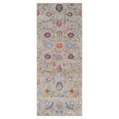 4'1"x10'3" Silk With Wool Hand Knotted Tan Sickle Leaf Design Wide Runner Rug