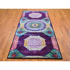 4'1"x10'4" Sari Silk with Textured Wool Runner Mamluk Design Hand Knotted Rug