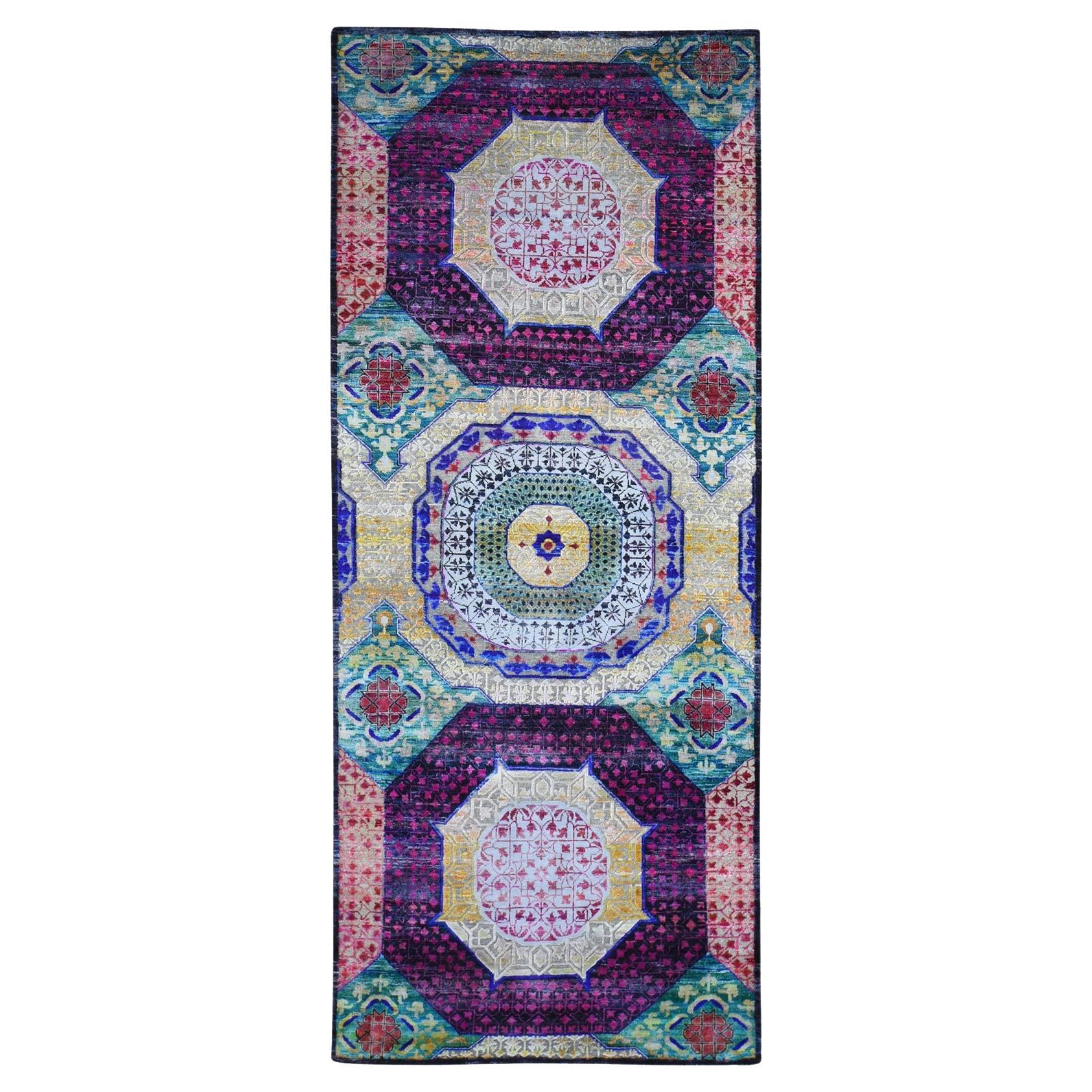 4'1"x10'4" Sari Silk with Textured Wool Runner Mamluk Design Hand Knotted Rug