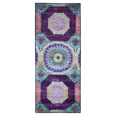 4'1"x10'4" Sari Silk with Textured Wool Runner Mamluk Design Hand Knotted Rug
